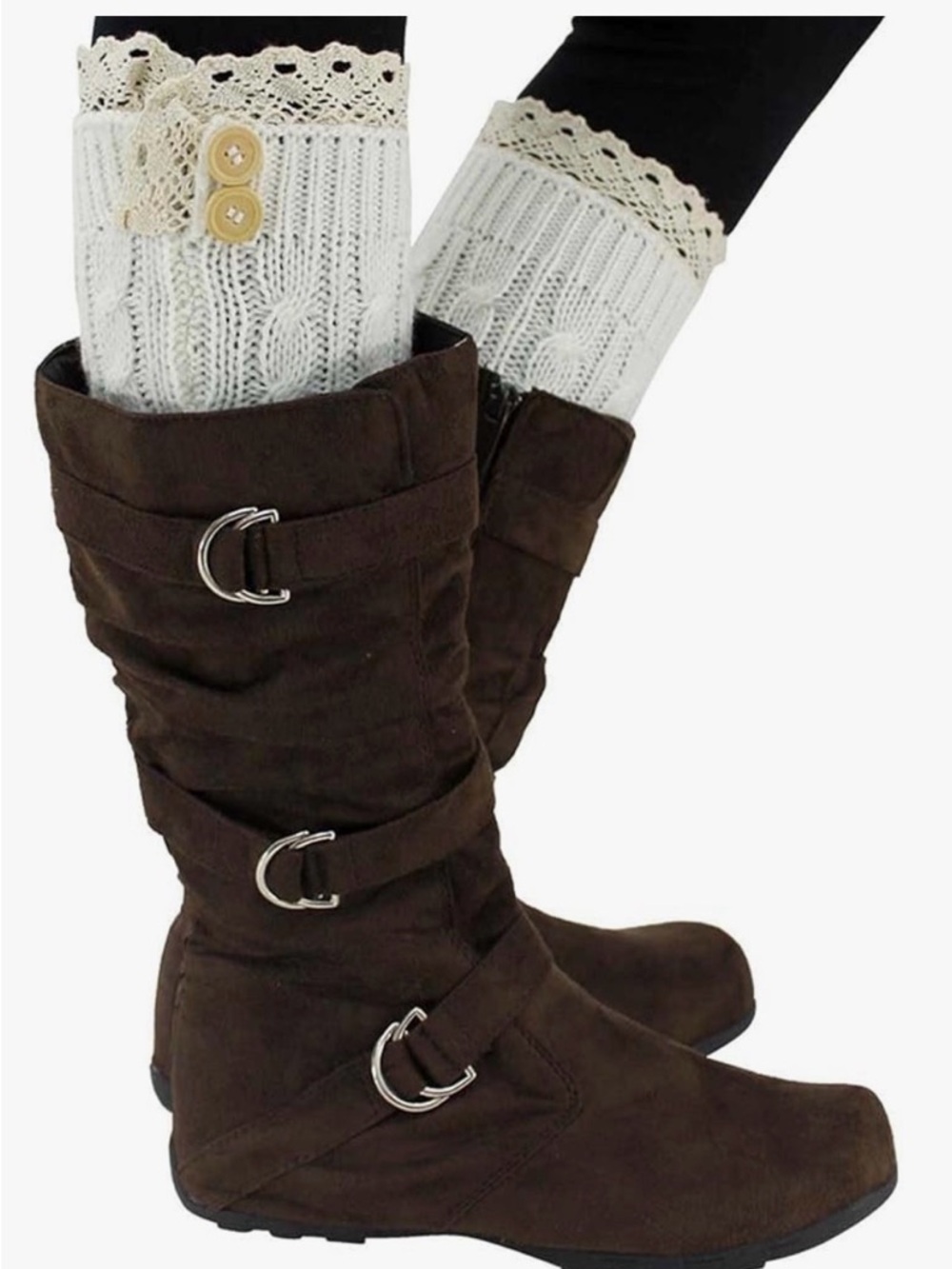 Cream Cable Knit Leg Warmers Boot Toppers with Lace Trim